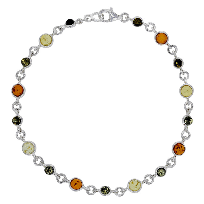 Bracelet rond ambre cognac, miel et gris en argent 925/1000 rhodié