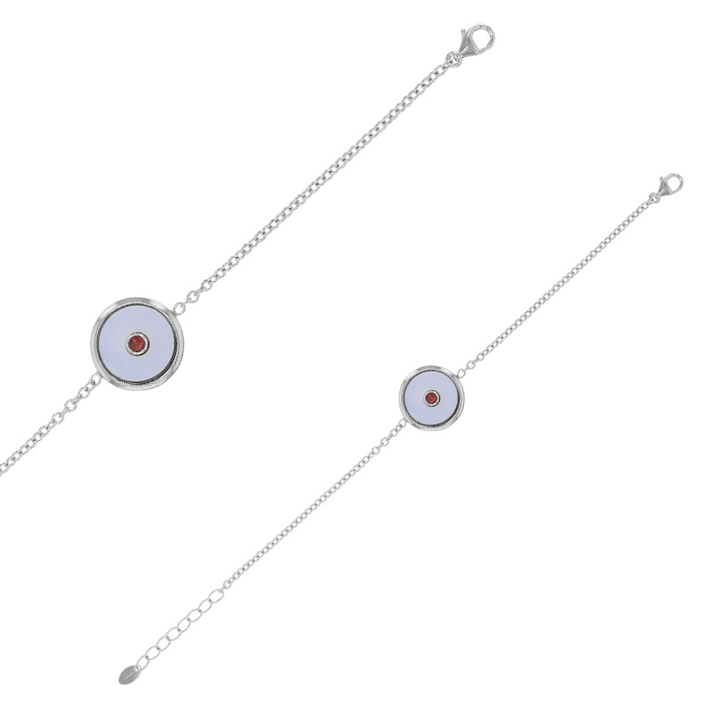 Bracelet rond avec nacre et perles d'imitation rubis, argent 925/1000 rhodié