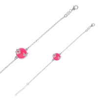 Bracelet rond émail rose fluo, fleur papillon en argent 925/1000
