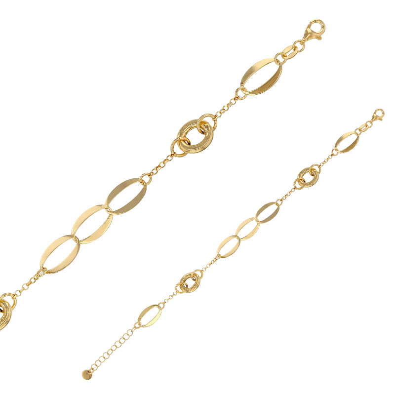 Bracelet ronds et ovales lisses entrelacés maille jaseron, argent 925/1000 doré