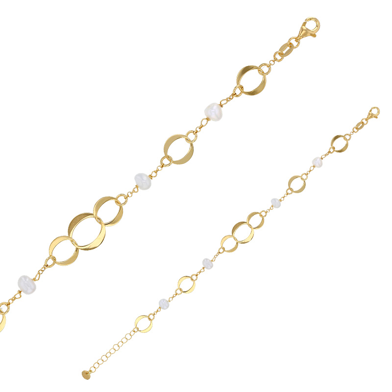 Bracelet ronds lisses entrelacés, 4 perles de culture d'eau douceargent 925/1000 doré