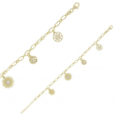 Bracelet soleil, fleur, rond étoile et oxydes en pampilles argent 925/1000 doré