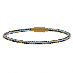 Bracelet synthétique blanc, noir et bleu clair tressé avec fermoir coulissant en acier doré