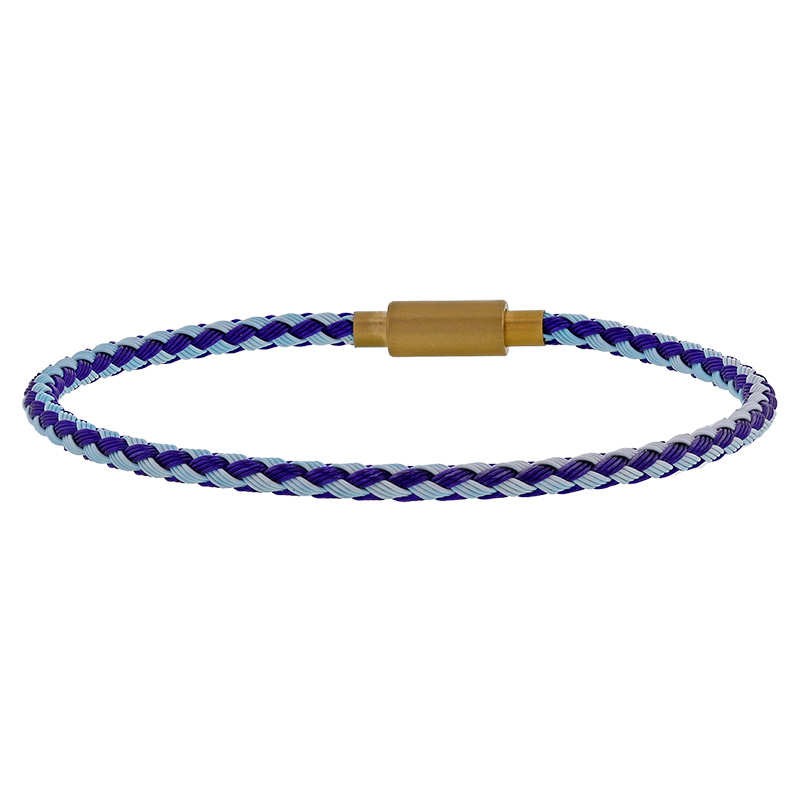 Bracelet synthétique bleu ciel et bleu marine tressé avec fermoir coulissant en acier doré