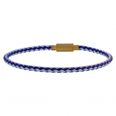 Bracelet synthétique bleu ciel et bleu marine tressé avec fermoir coulissant en acier doré