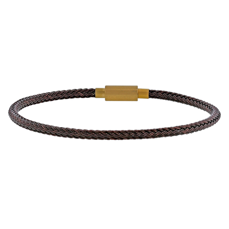 Bracelet synthétique marron tressé avec fermoir coulissant en acier doré