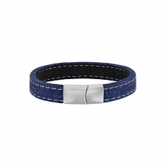 Bracelet tissu jean avec surpiqûres blanches et fermoir en acier mat