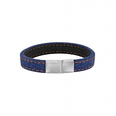 Bracelet tissu jean avec surpiqûres orange et fermoir en acier mat