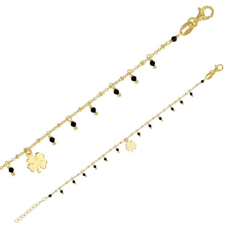Bracelet trèfle et cristaux noir - maille fantaisie argent 925/1000 rhodié