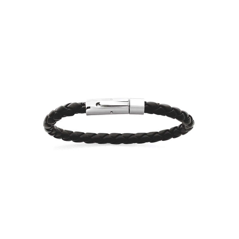 Bracelet tressé cuir de bovin noir avec fermoir aimanté en acier