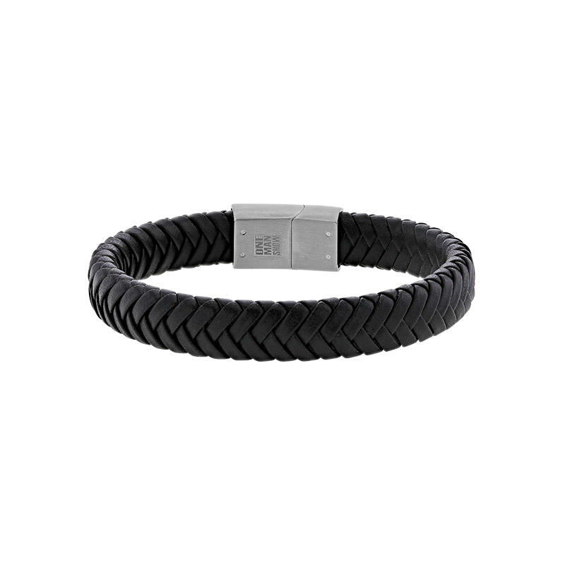 Bracelet tressé cuir de bovin noir, fermoir acier