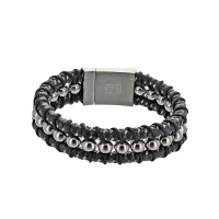 Bracelet tressé en cuir de bovin avec boules en acier