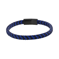 Bracelet tressé en cuir de bovin bleu et noir, avec fermoir en acier
