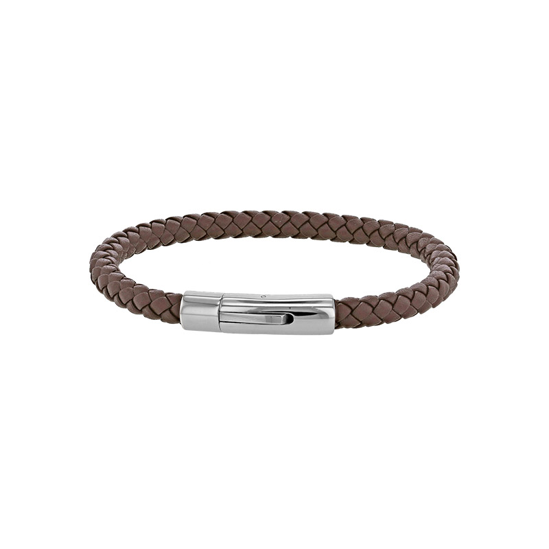 Bracelet tressé en cuir de bovin marron avec fermoir aimanté en acier