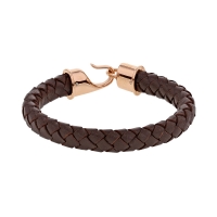 Bracelet tressé en cuir de bovin marron et fermoir à crochet en acier doré-rose