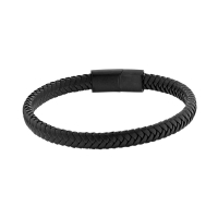 Bracelet tressé en cuir de bovin noir, avec fermoir en acier
