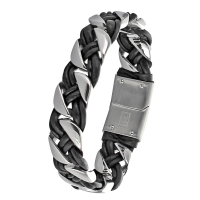 Bracelet tressé en cuir de bovin noir et acier gris