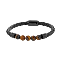 Bracelet tressé en cuir de bovin noir et oeil de tigre, avec fermoir en acier