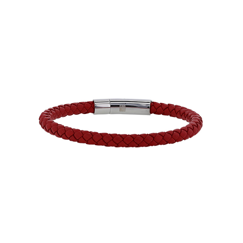 Bracelet tressé en cuir de bovin rouge avec fermoir aimanté en acier