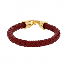 Bracelet tressé en cuir de bovin rouge bordeaux et fermoir à crochet en acier doré