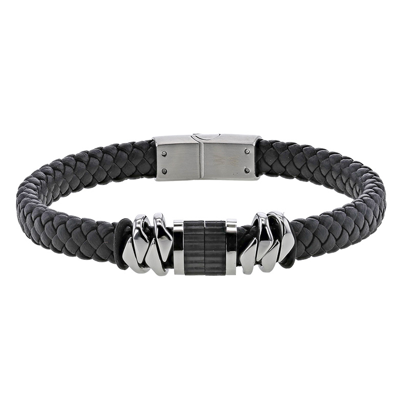 Bracelet tressé noir en cuir de bovin, motif en acier