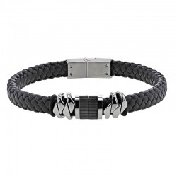 Bracelet tressé noir en cuir de bovin, motif en acier