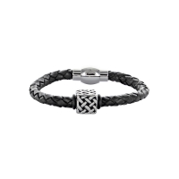 Bracelet tressé noir en cuir de bovin orné d'un cube en acier