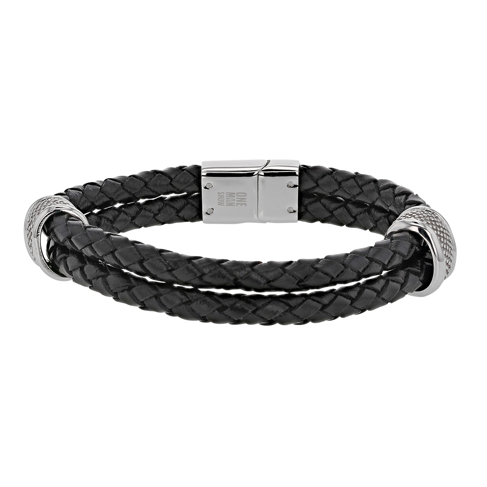 Bracelet 2 tresses croûte de cuir de bovin noir avec clip et fermoir acier