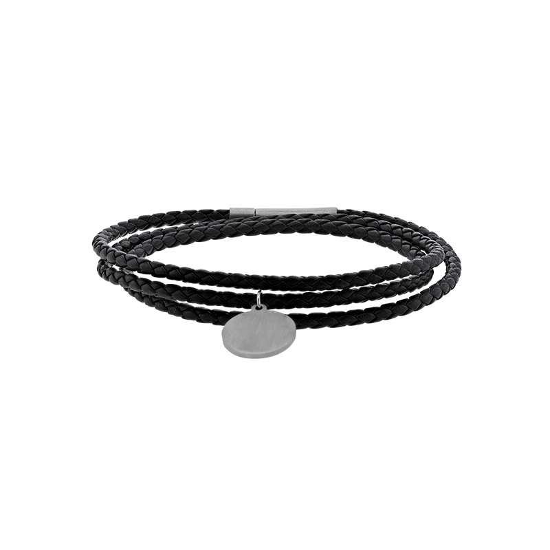 Bracelet triple tour cuir de bovin tressé noir, plaque ronde et fermoir acier
