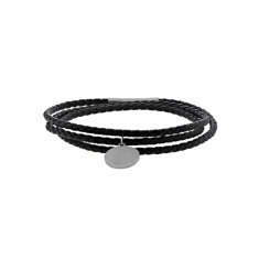 Bracelet triple tour cuir de bovin tressé noir, plaque ronde et fermoir acier