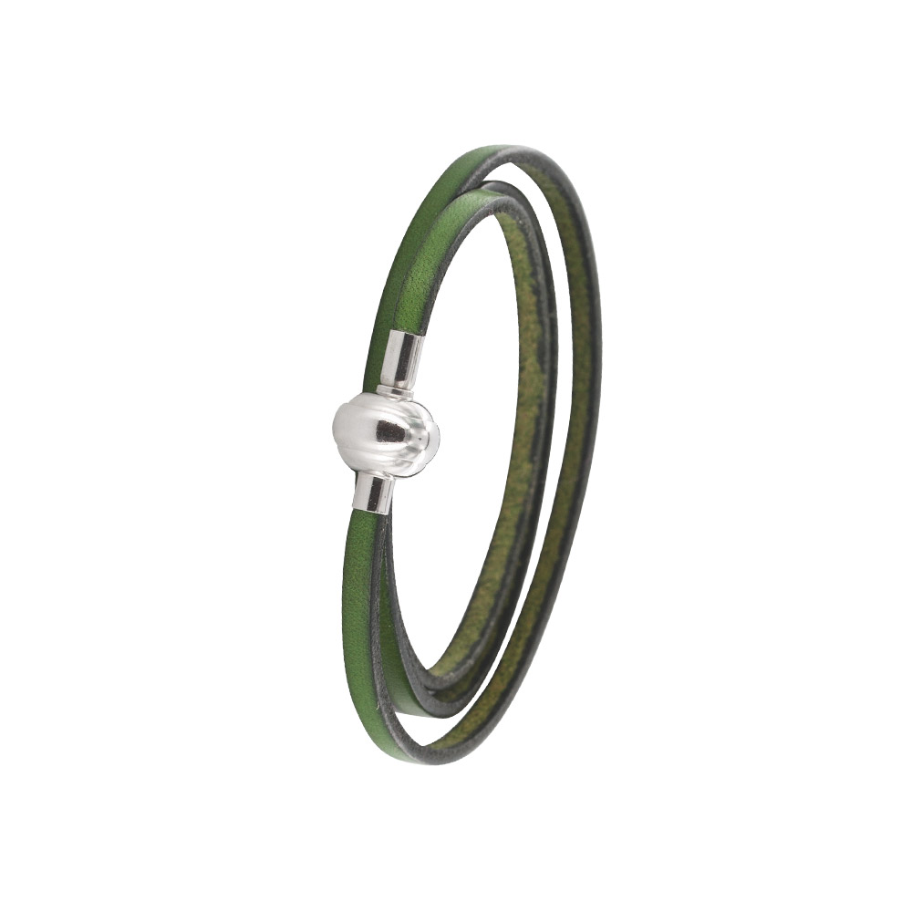 Bracelet triple tours en cuir de bovin avec fermoir acier - vert kaki