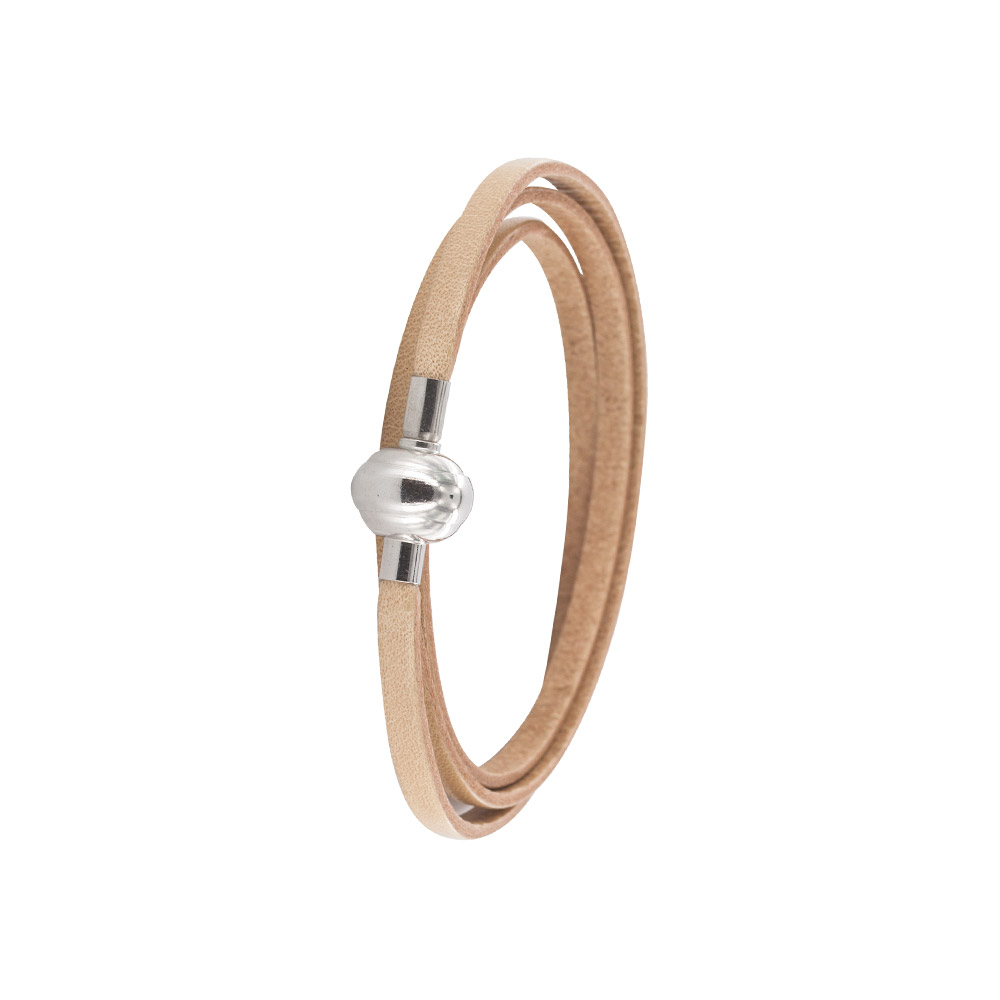 Bracelet triple tours en cuir de bovin avec fermoir en acier - beige