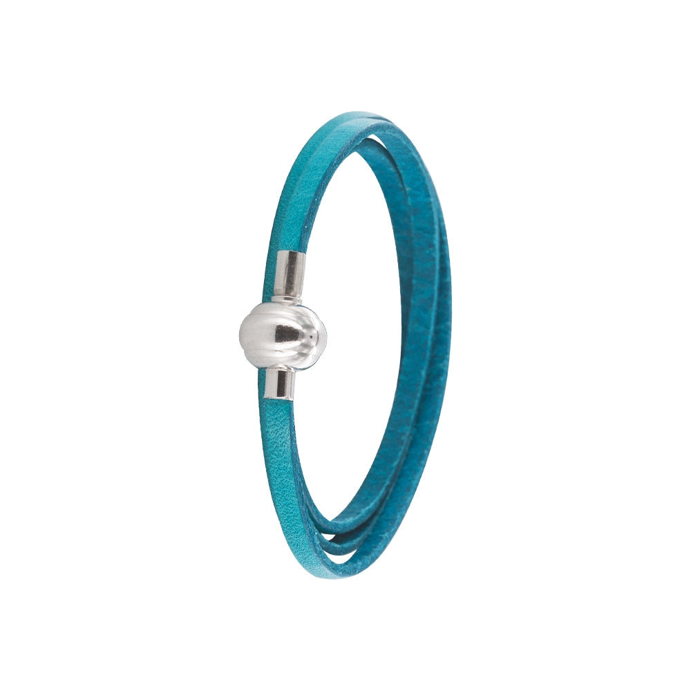 Bracelet triple tours en cuir de bovin avec fermoir en acier - bleu turquoise