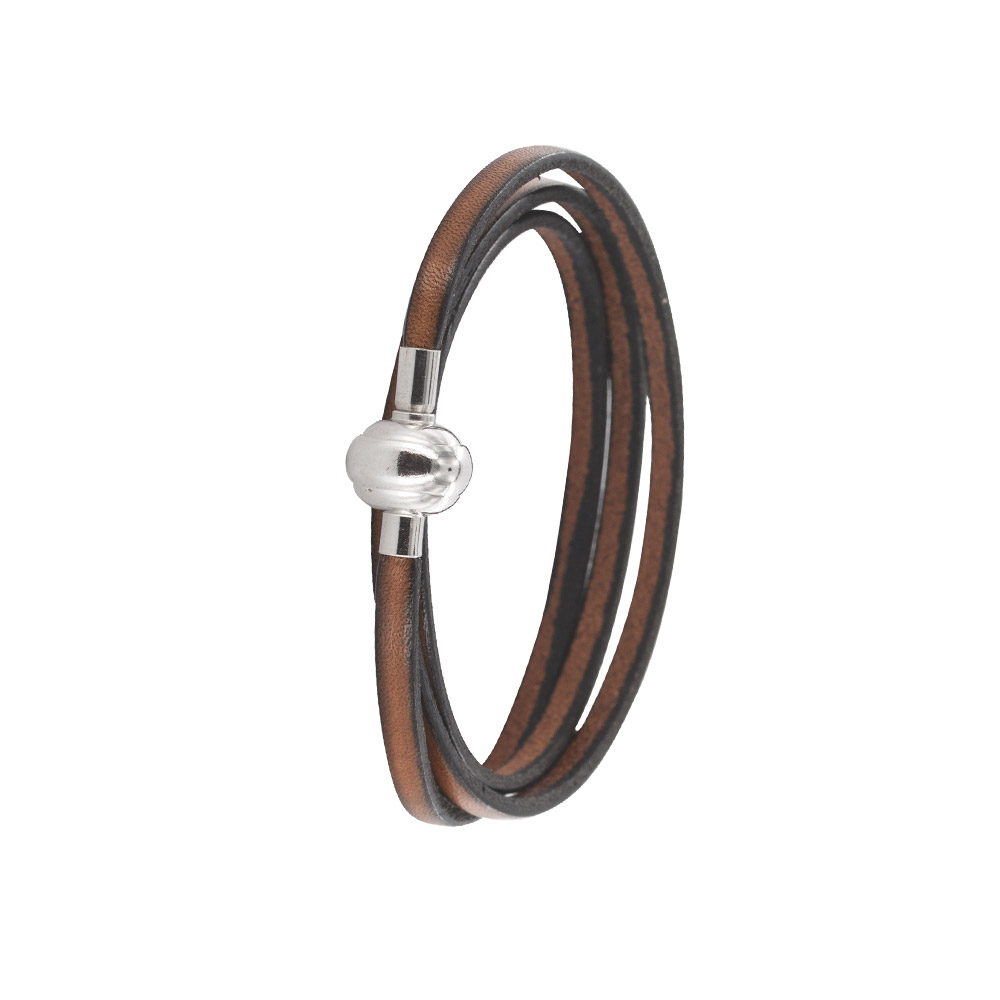 Bracelet triple tours en cuir de bovin avec fermoir en acier - marron