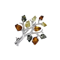 Broche arbre en ambre citrine, cognac et verte avec armature en argent 925/1000 rhodié