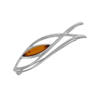 Broche forme amande ajourée, ambre cognac en argent 925/1000