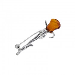 Broche forme de rose en argent 925/1000 vieilli et ambre cognac
