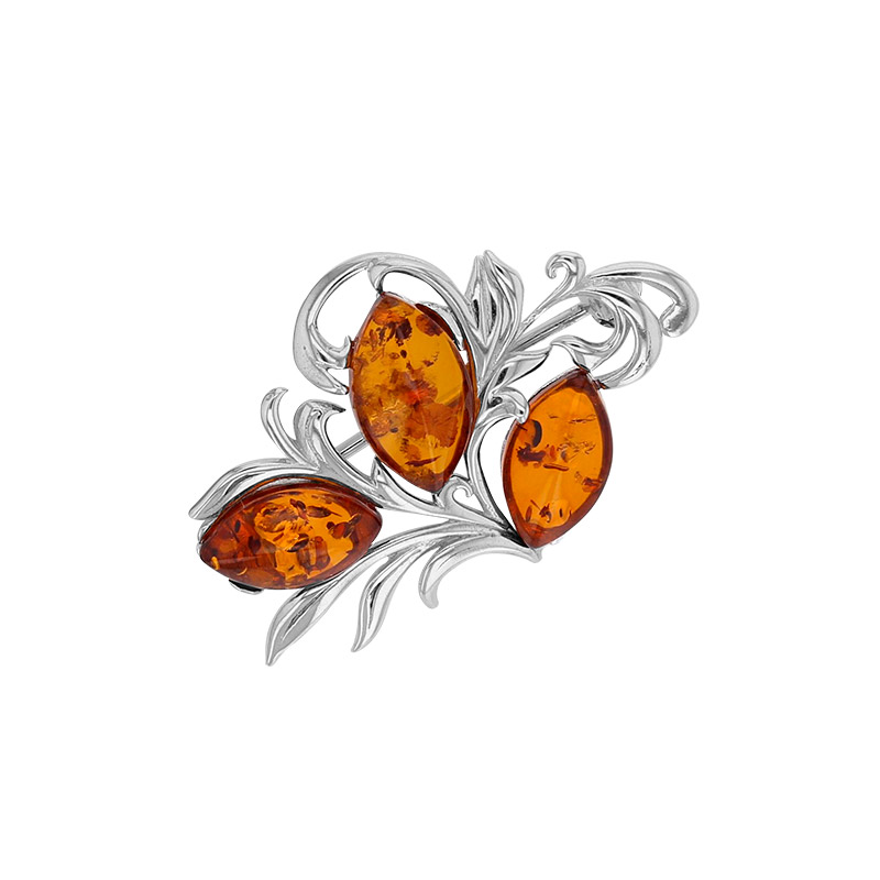 Broche forme feuillage argent 925/1000 rhodié et ambre cognac