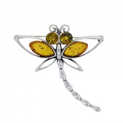 Broche libellule en argent 925/1000 rhodié et ambre vert