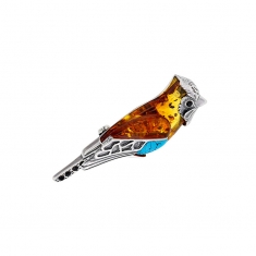 Broche oiseau en argent 925/1000 rhodié, ambre et turquoise reconstituée