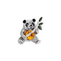 Broche panda argent 925/1000 rhodié, ambre cognac et vert, émail noir