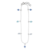 Chaîne de cheville argent 925/1000 platiné ornée de cristaux bleus et blancs