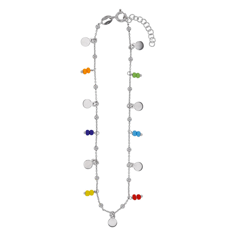 Chaîne de cheville argent 925/1000 platiné avec ronds et perles de verre de couleur