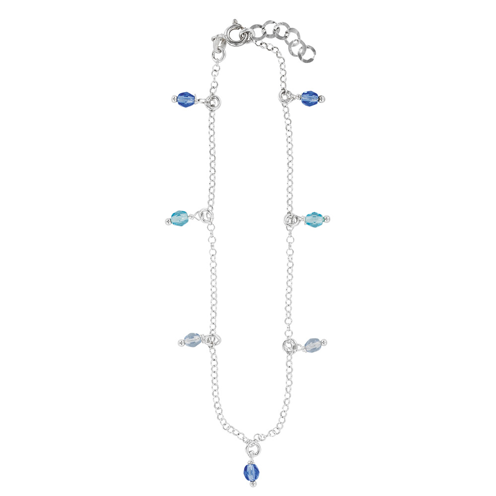 Chaîne de cheville argent 925/1000 platiné ornée de cristaux bleus et blancs