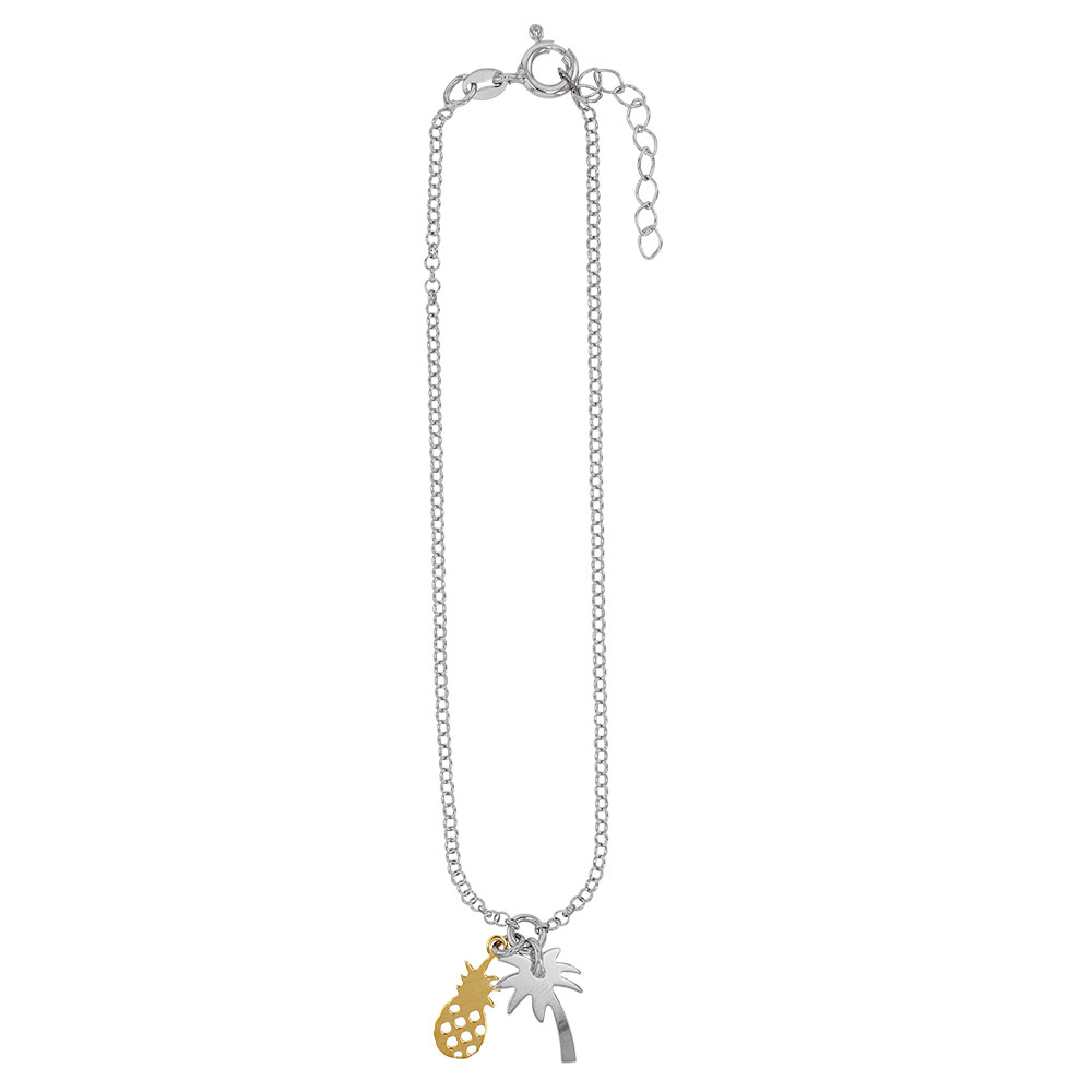 Chaîne de cheville argent 925/1000 rhodié et doré avec pendants palmier et ananas