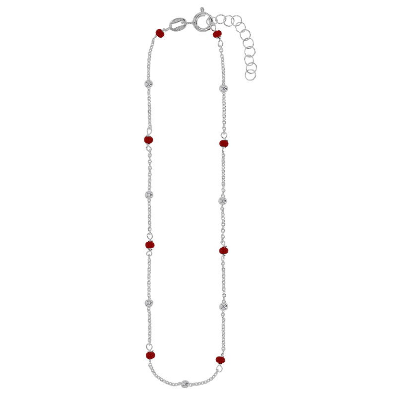 Chaîne de cheville boules et perles de verre rouges, argent 925/1000