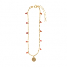 Chaîne de cheville en argent 925/1000 doré - Arbre de vie avec pierres synthétiques rouges