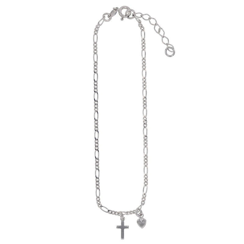 Chaîne de cheville en Argent 925/1000 rhodié avec motif croix et coeur