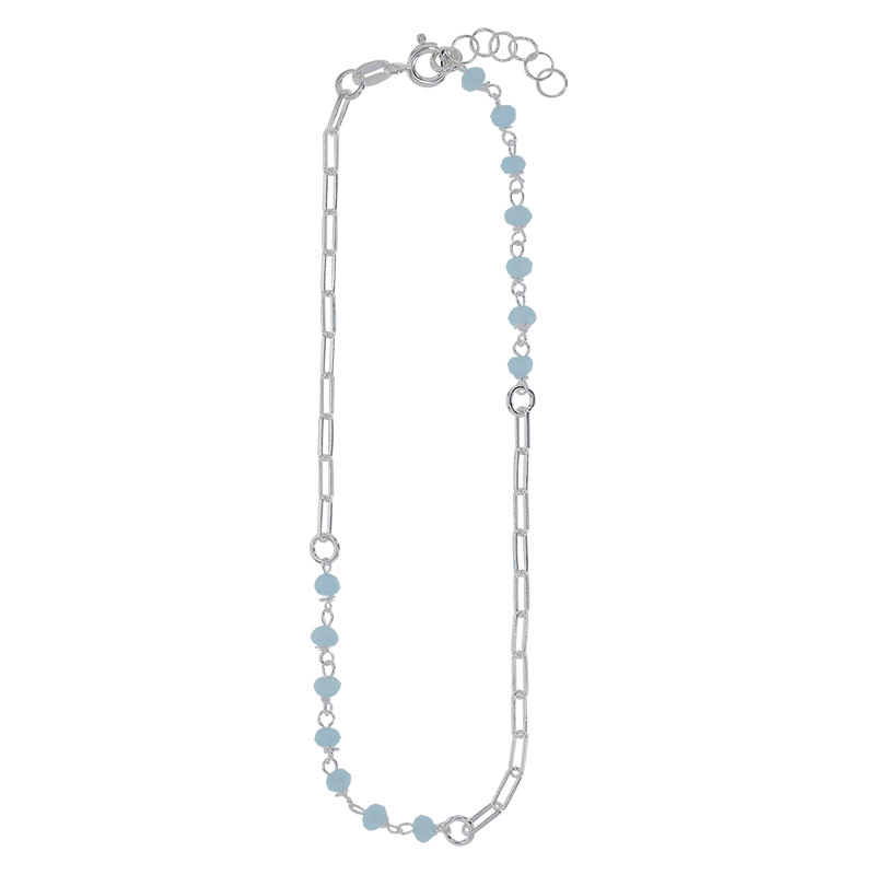 Chaîne de cheville maille allongée, perles de verre bleu aigue-marine, argent 925/1000