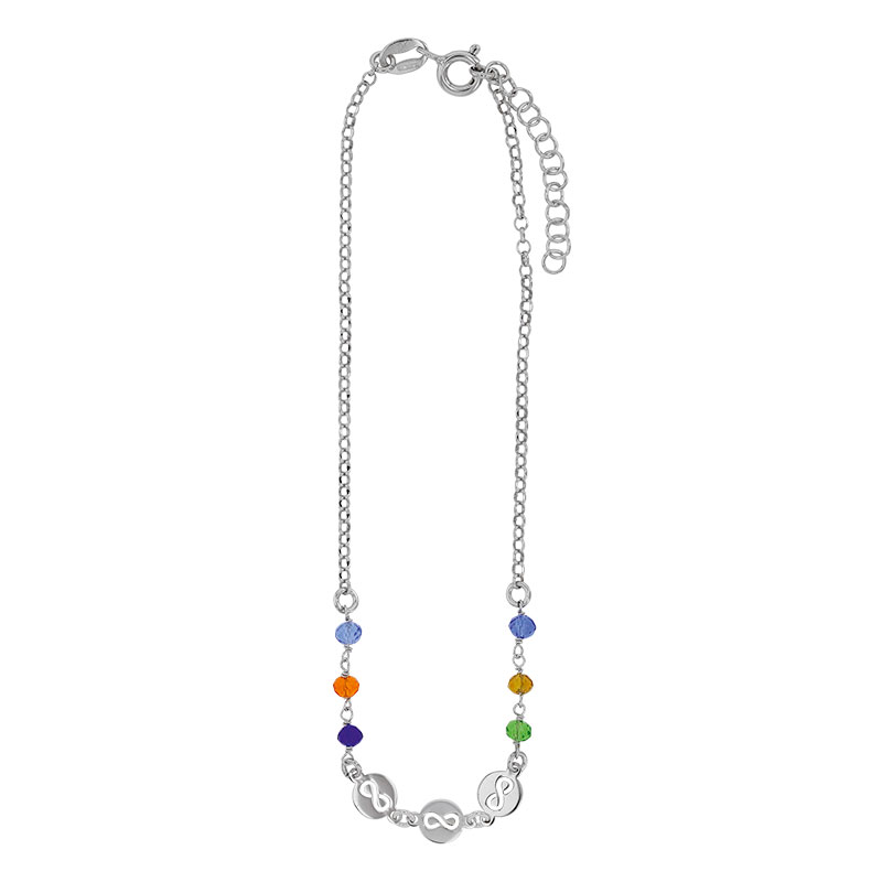 Chaîne de cheville signes infinis et perles de verre de couleur, argent 925/1000 platiné